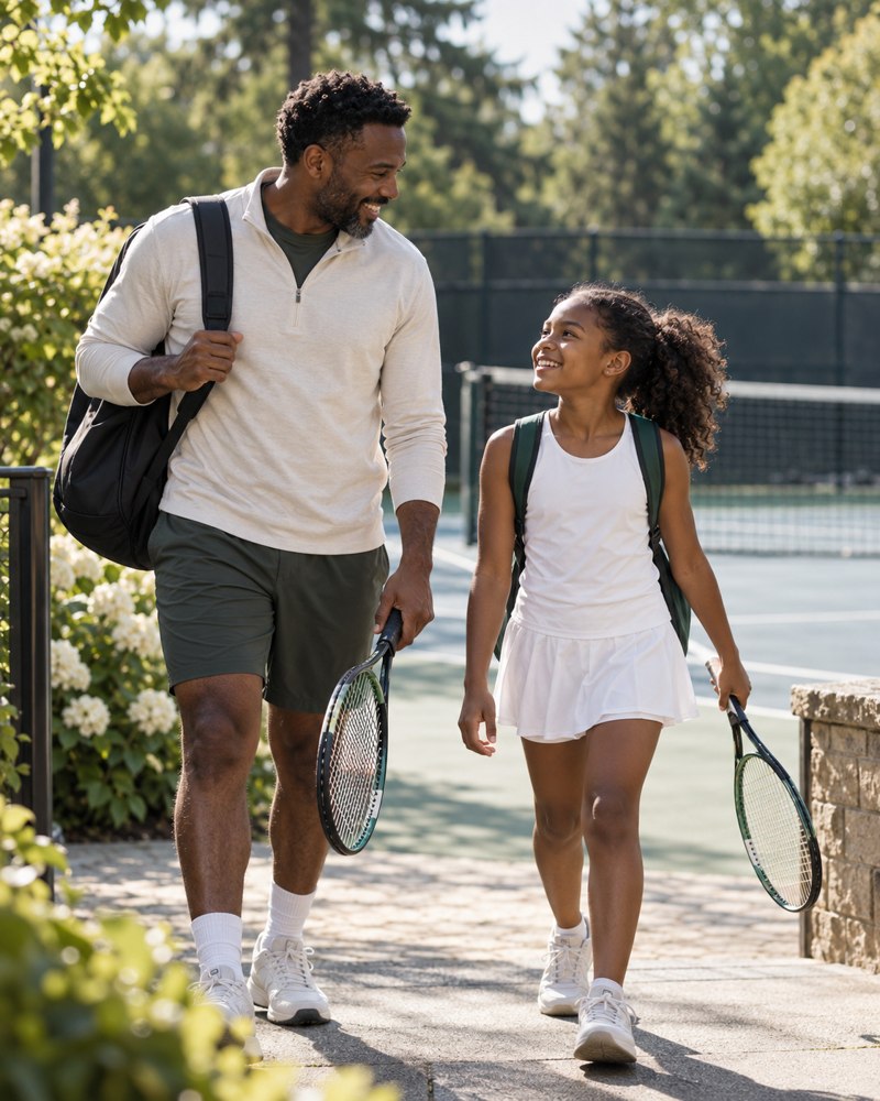 A father and daughter arriving at a tennis court together
