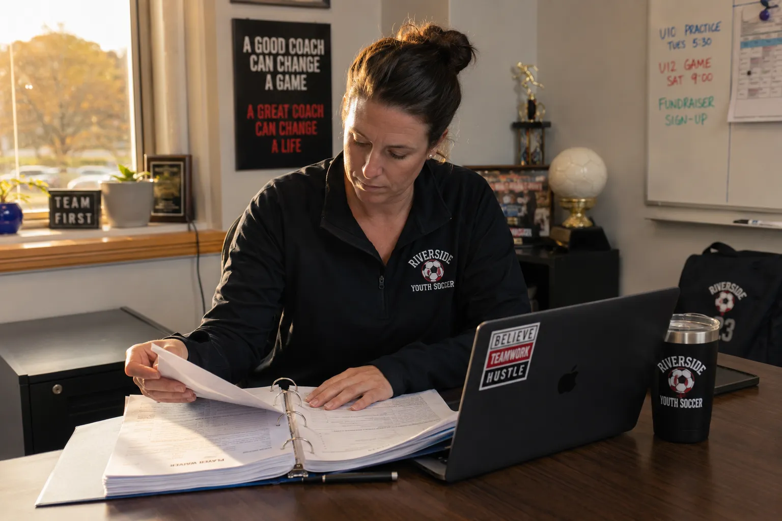 Club administrator reviewing a binder of signed player waivers beside a laptop in a community gym office in late-afternoon window light