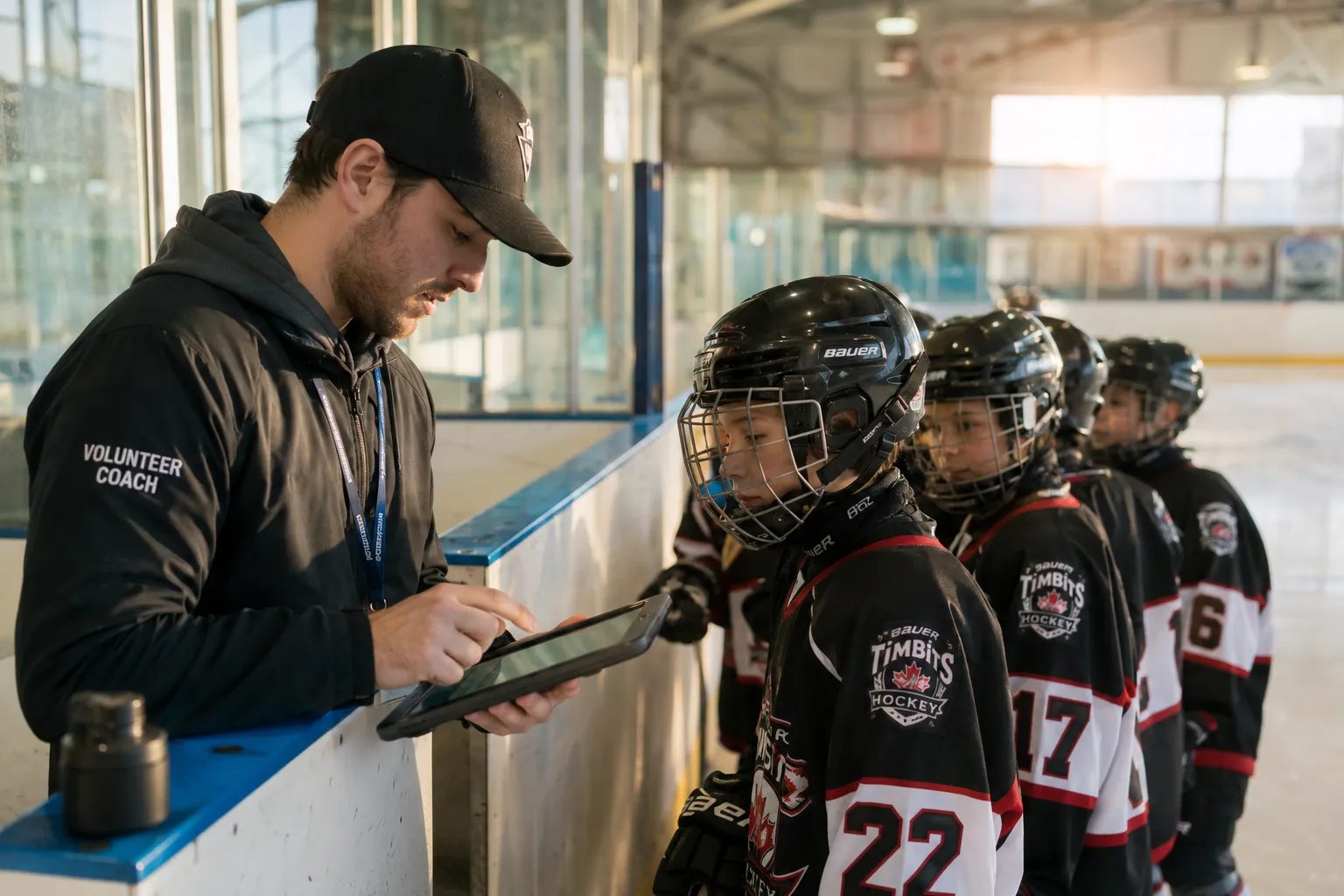 Volunteer coach checking young hockey players in on a tablet at the boards of a community rink