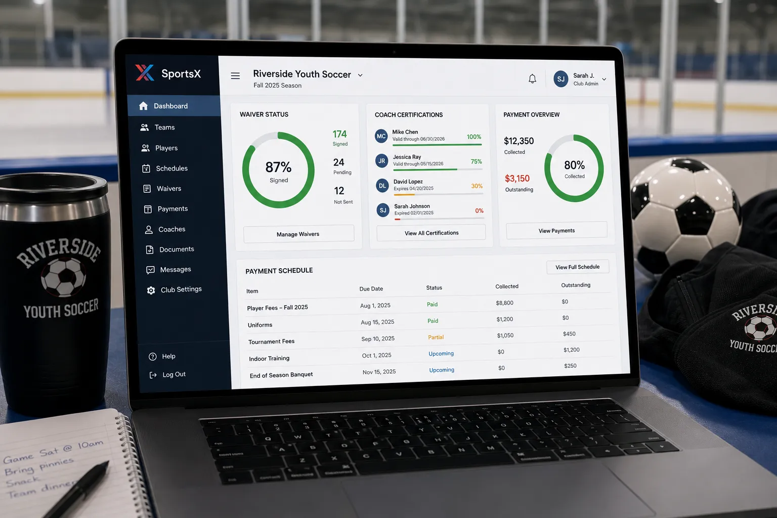 SportsX club dashboard open on a laptop at a rink-side table, showing waiver status, the coach certification tracker, and the payment schedule for a youth soccer club